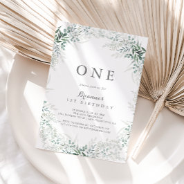 ミニマリストグリーンユーカリプトゥスファースト誕生日パーティー 招待状