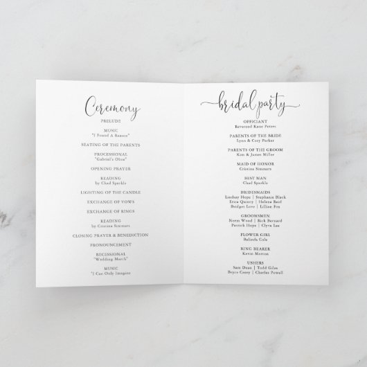 ミニマリストグリーンユーカリプトゥス折り畳み結婚式 プログラム (内部)