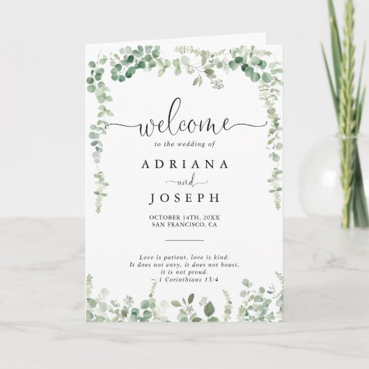 ミニマリストグリーンユーカリプトゥス折り畳み結婚式 プログラム (正面)