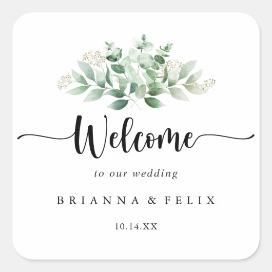 ミニマリストグリーンユーカリ結婚の歓迎 スクエアシール (正面)