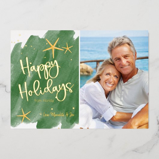 ミニマリストグリーン＆ゴールドビーチ水彩トロピカル 箔シーズンカード (正面)