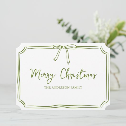 ミニマリストグリーン&ホワイトボウ可愛いメリークリスマス カード (スタンド正面)