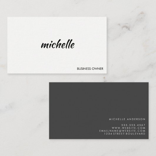 ミニマリストグレーホワイトと筆記体文字 名刺 (正面/裏面)