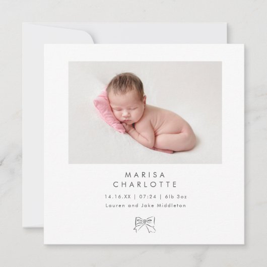 ミニマリストコケットボウフォトベビーガール誕生 案内状 (正面)
