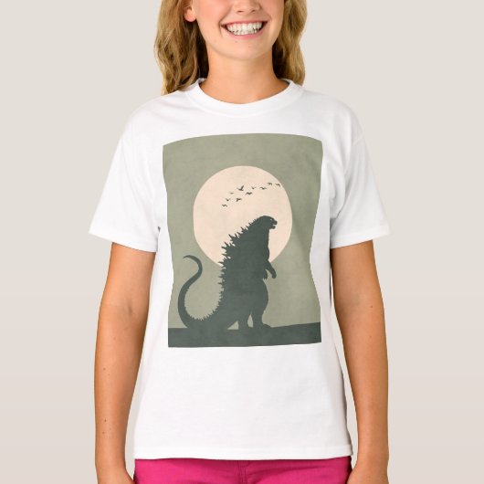 ミニマリストゴジラ月 | 太い怪獣のシルエット Tシャツ (正面)