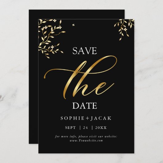 ミニマリストゴールドの chic ブラック Save the Date 招待状 (正面/裏面)