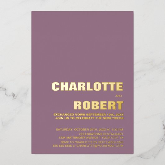 ミニマリストゴールドテキストダスティローズの結婚式の披露宴 箔招待状 (正面)