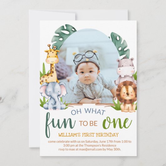 ミニマリストサファリアニマルテーマ写真誕生日 招待状 (正面)
