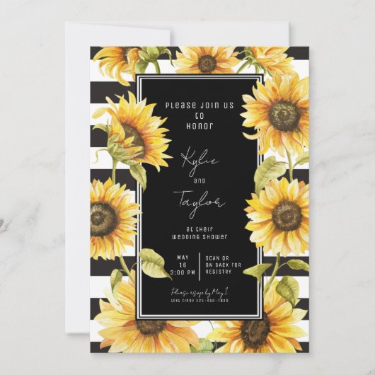 ミニマリストサンフラワーブラックストライプウェディングシャワー 招待状 (正面)