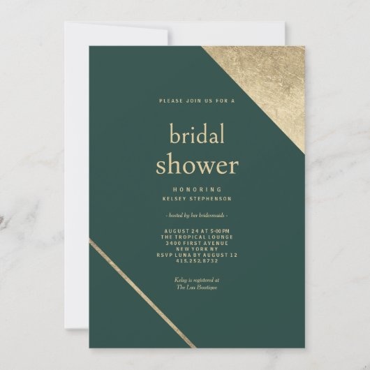 ミニマリストシックな森のグリーン金ゴールドブライダルシャワー 招待状 (正面)