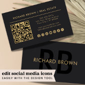 ミニマリストシックブラック金ゴールドモノグラムQR 名刺