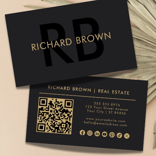 ミニマリストシックブラック金ゴールドモノグラムQR 名刺
