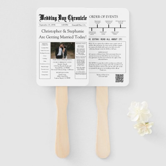 ミニマリストシック新聞結婚式 プログラムQRコード ハンドファン (正面&裏面)