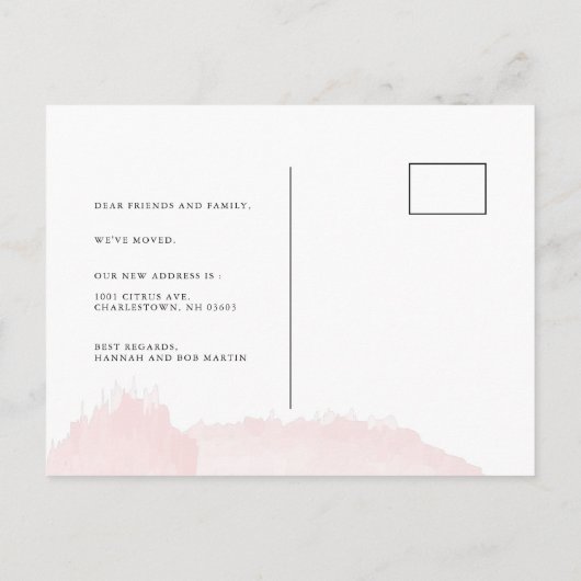 ミニマリストシック水カラー赤面ピンクムービング 案内ポストカード (裏面)