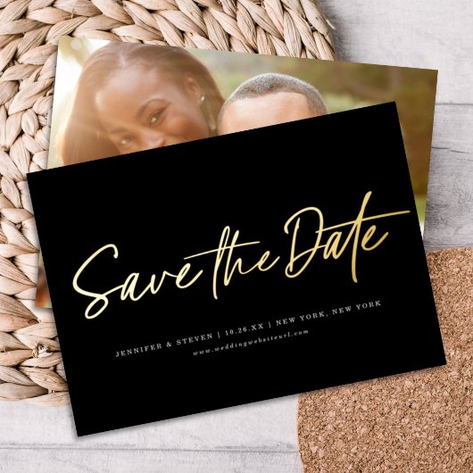 ミニマリストシック編集可能カラーフォトデートを保存 箔招待状