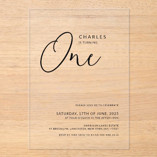 ミニマリストシック1st誕生日 アクリル招待状 (正面)