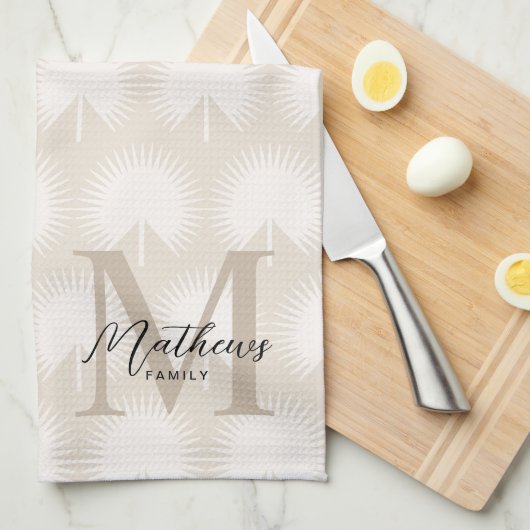 ミニマリストシックBeige Anahawリーフスクリプトモノグラム キッチンタオル (四つ折り)