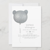 ミニマリストシルバーバルーンテディベア1歳の誕生日 招待状 (正面)