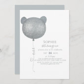 ミニマリストシルバーバルーンテディベア1歳の誕生日 招待状 (正面/裏面)