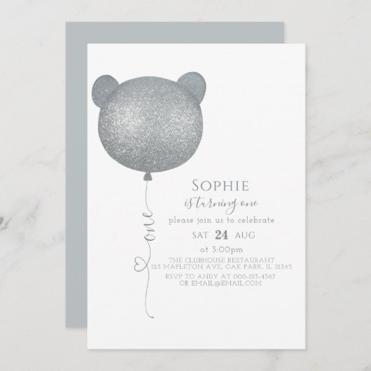 ミニマリストシルバーバルーンテディベア1歳の誕生日 招待状 (正面/裏面)