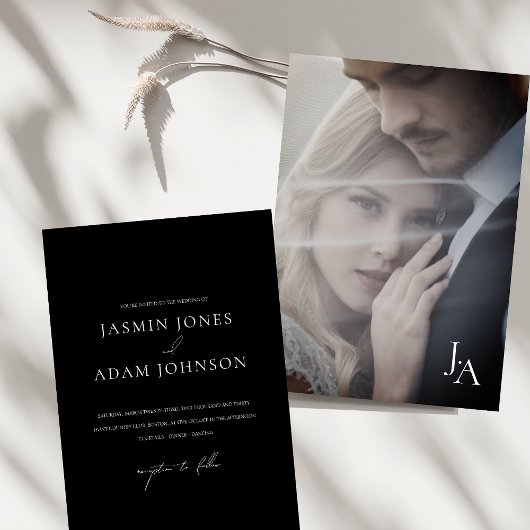 ミニマリストシンプルブラックモノグラム結婚フォト 招待状