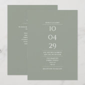 ミニマリストシージグリーン結婚式日付QRコード 招待状 (正面/裏面)