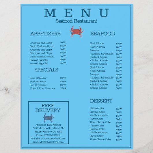 ミニマリストシーフードガニグリルレストランメニューD チラシ (正面)