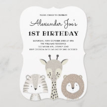 ミニマリストジャングルアニマルズ誕生日招待状