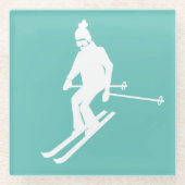 ミニマリストスキーヤーウィンターティール(緑がかった色)ホワイト ガラスコースター (正面)