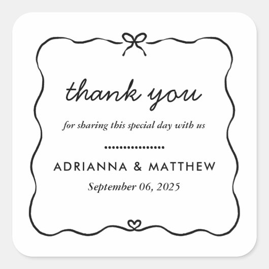 ミニマリストスクリプトかわいい弓ハートフレームありがとう スクエアシール (正面)