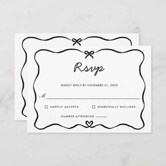ミニマリストスクリプトかわいい弓ハートフレームRSVP 出欠カード (正面/裏面)