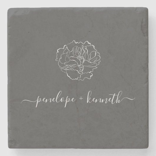 ミニマリストスクリプトフラワー白黒 パーソナライズされた ストーンコースター (正面)