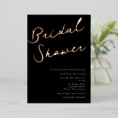 ミニマリストスクリプトブライダルシャワーバラ金ゴールド 箔招待状 (立ち正面)