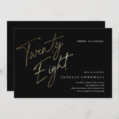 ミニマリストスクリプトブラックと金ゴールド28誕生日 招待状 (正面/裏面)