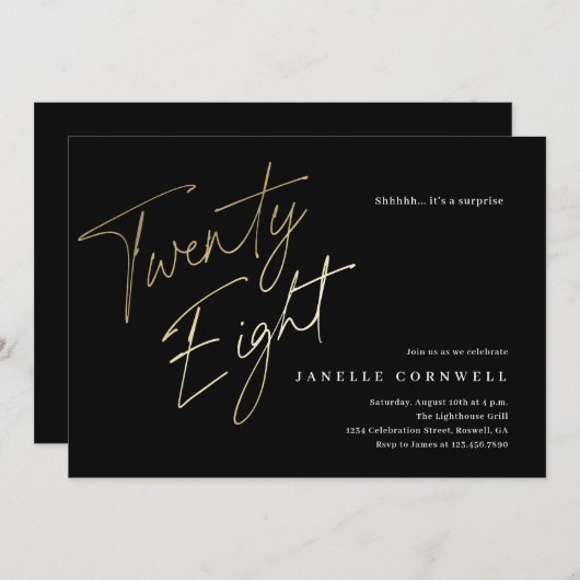 ミニマリストスクリプトブラックと金ゴールド28誕生日 招待状 (正面/裏面)
