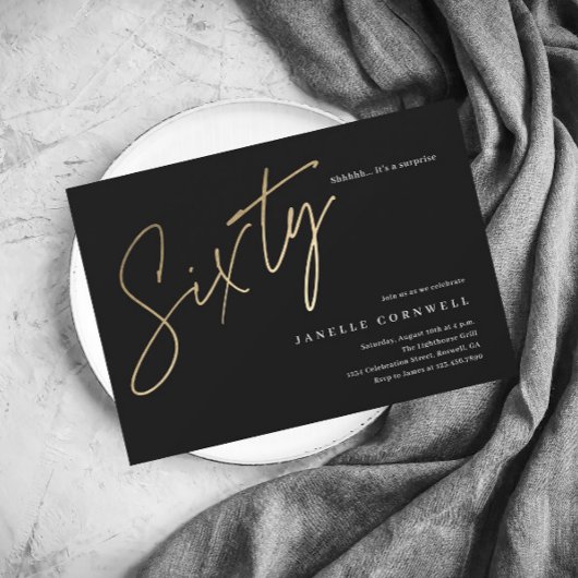 ミニマリストスクリプトブラックと金ゴールド60誕生日 招待状