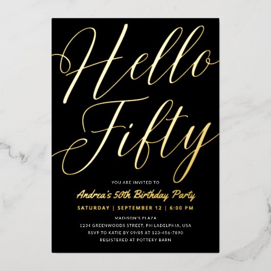 ミニマリストスクリプトブラックハローフィフティ誕生日金ゴールド 箔招待状 (正面)
