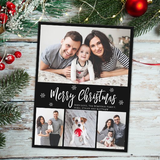 ミニマリストスクリプトブラック4フォトコラージクリスマス ポストカード