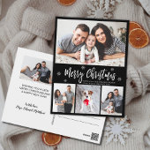 ミニマリストスクリプトブラック4フォトコラージクリスマス ポストカード