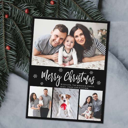 ミニマリストスクリプトブラック4フォトコラージクリスマス ポストカード