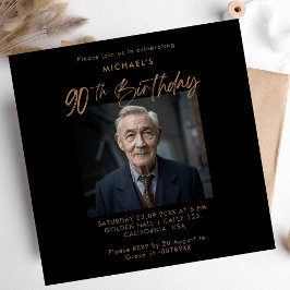 ミニマリストスクリプトブラック&金ゴールド90thフォト誕生日 招待状