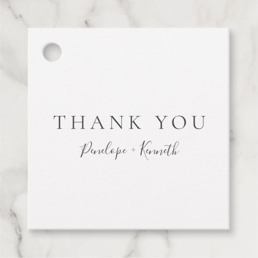 ミニマリストスクリプトホワイトカモダンスタムウェディング フェイバータグ (正面)