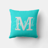 ミニマリストスクリプトモノグラム名ブライトティール（緑がかった色） クッション (裏面)