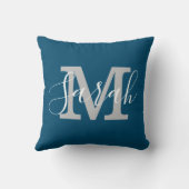ミニマリストスクリプトモノグラム名ブルー&ホワイト クッション (裏面)
