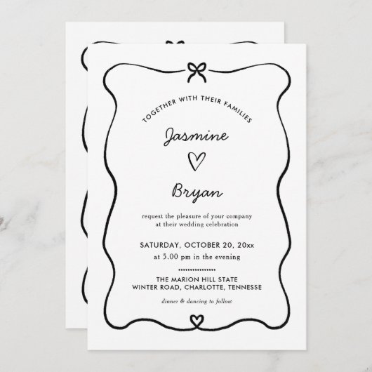 ミニマリストスクリプト可愛い弓ハートフレーム結婚ズ 招待状 (正面/裏面)