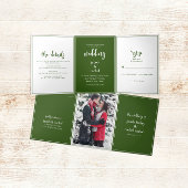ミニマリストスクリプト暗緑色と白結婚色 三つ折り招待状