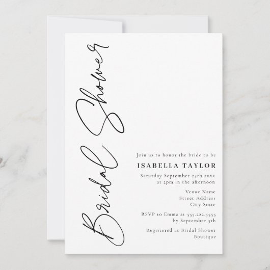 ミニマリストスクリプト白黒ブライダルシャワー 招待状 (正面)