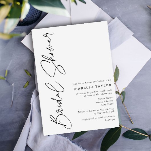 ミニマリストスクリプト白黒ブライダルシャワー 招待状