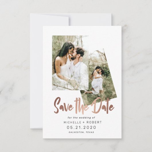 ミニマリストスクリプト2枚の写真でSave The Date 招待状 (正面)