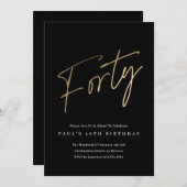 ミニマリストスクリプト ブラック＆ゴールド 40歳の誕生日 招待状 (正面/裏面)